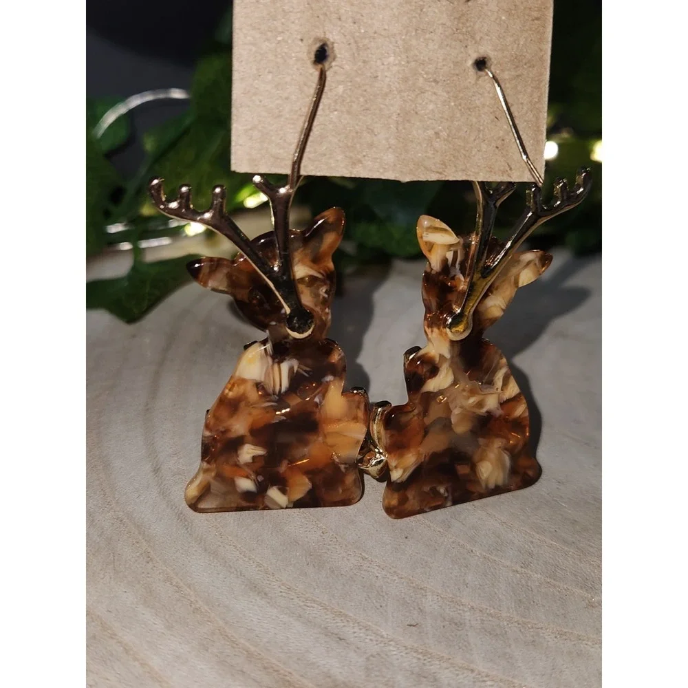 INC Christmas Reindeer Drop Earrings Gold Tone Jeweled Stone Holiday Dangle